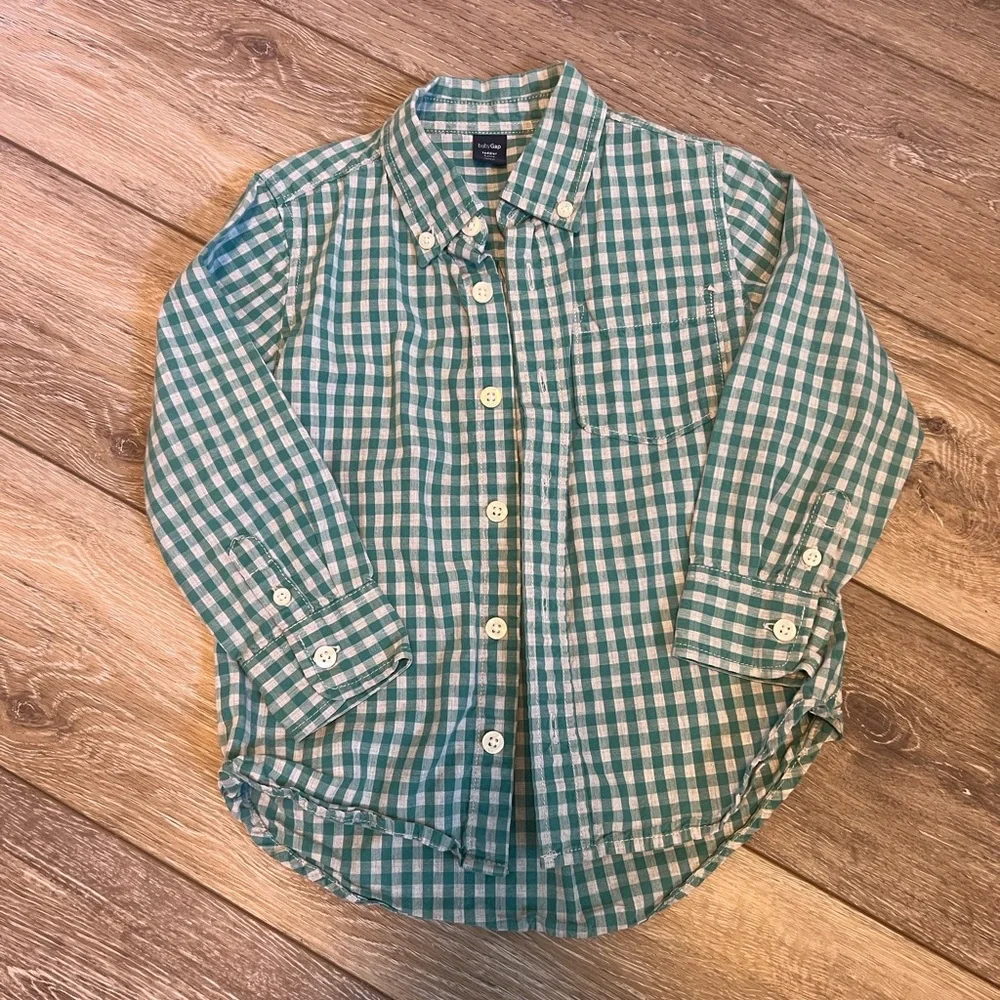 Baby Gap green and white gingham long-sleeve button-down shirt size 4T